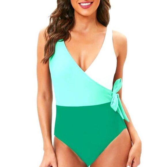 GREEN WHITE COLOR BLOCK V-NECK WRAP TIE ONE PIECE SWIMSUIT SIZE LARGE NWOT - Picture 1 of 8